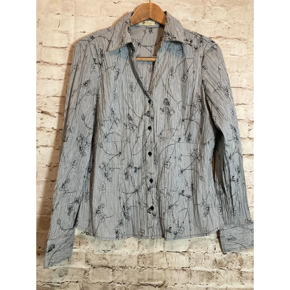 Brina & Em Top Womens Large Black Micro Striped All Over Floral Embroidery